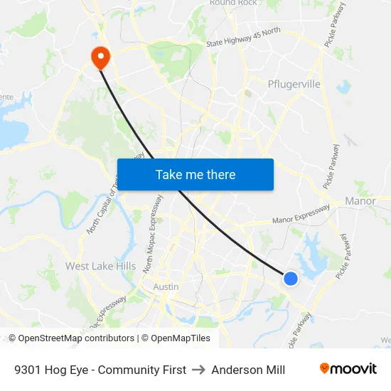 9301 Hog Eye - Community First to Anderson Mill map