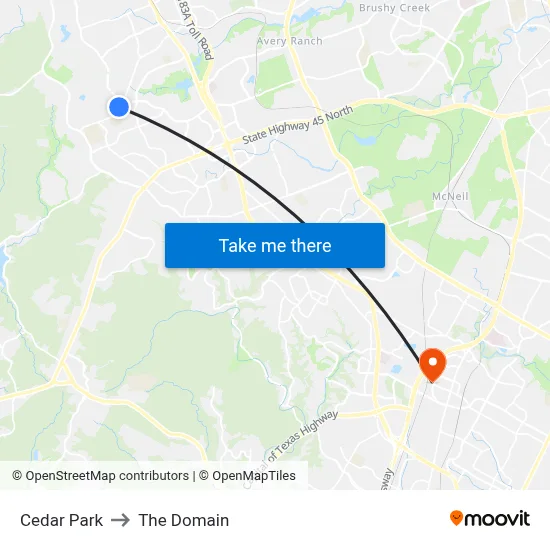 Cedar Park to The Domain map