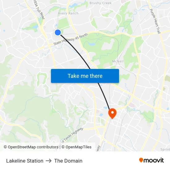 Lakeline Station to The Domain map