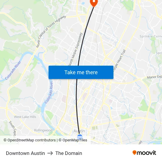 Downtown Austin to The Domain map