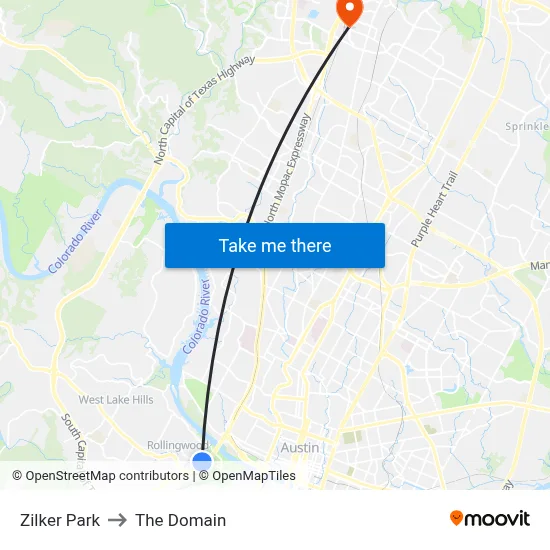 Zilker Park to The Domain map
