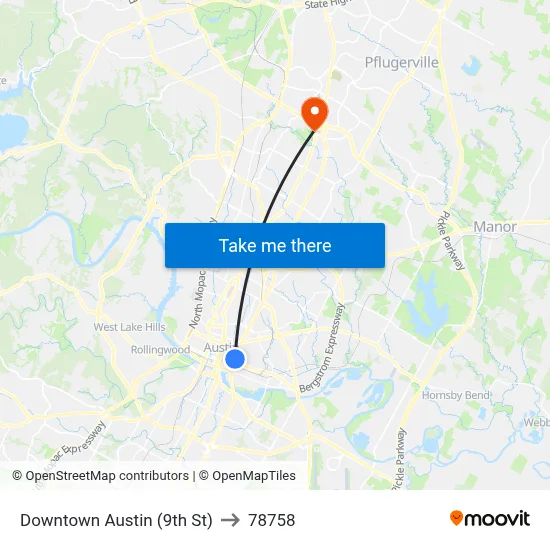 Downtown Austin (9th St) to 78758 map