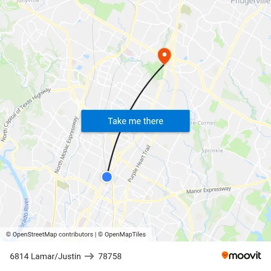 6814 Lamar/Justin to 78758 map