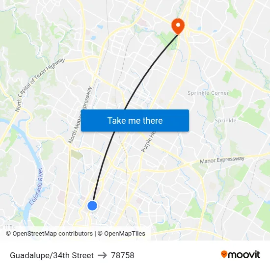 Guadalupe/34th Street to 78758 map
