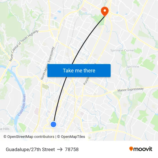 Guadalupe/27th Street to 78758 map