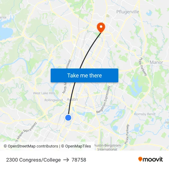 2300 Congress/College to 78758 map