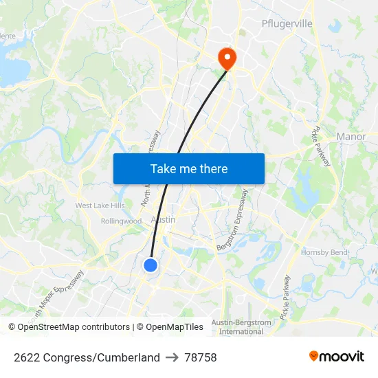 2622 Congress/Cumberland to 78758 map