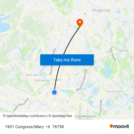 1901 Congress/Mary to 78758 map