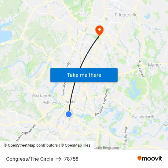 Congress/The Circle to 78758 map
