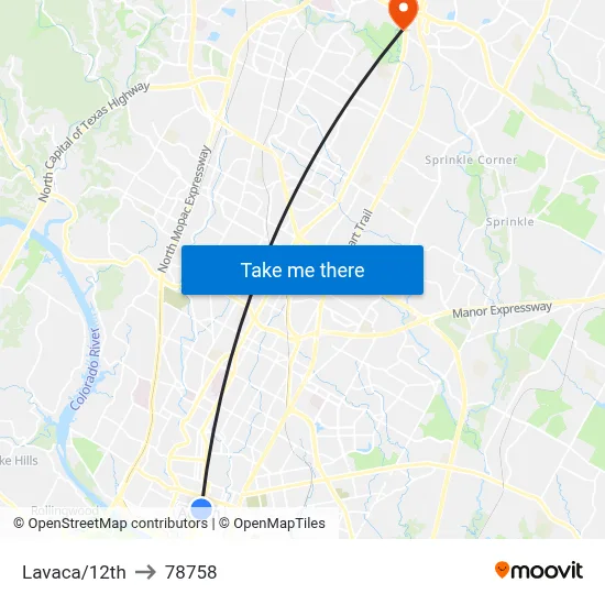 Lavaca/12th to 78758 map