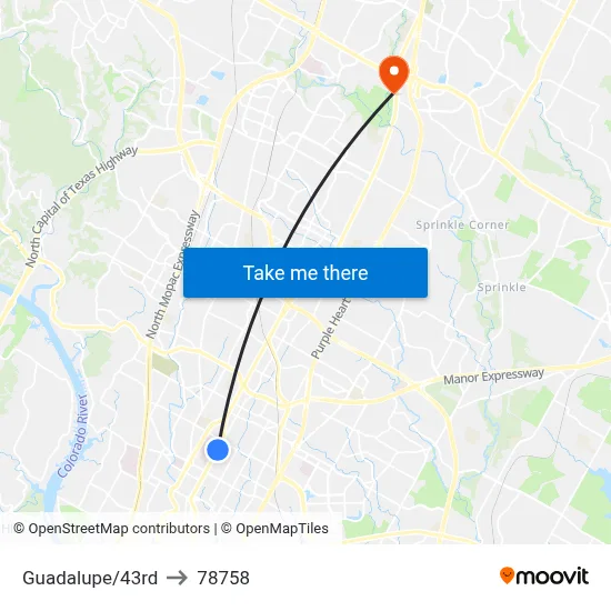 Guadalupe/43rd to 78758 map