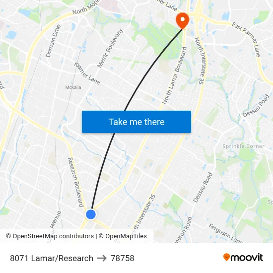 8071 Lamar/Research to 78758 map