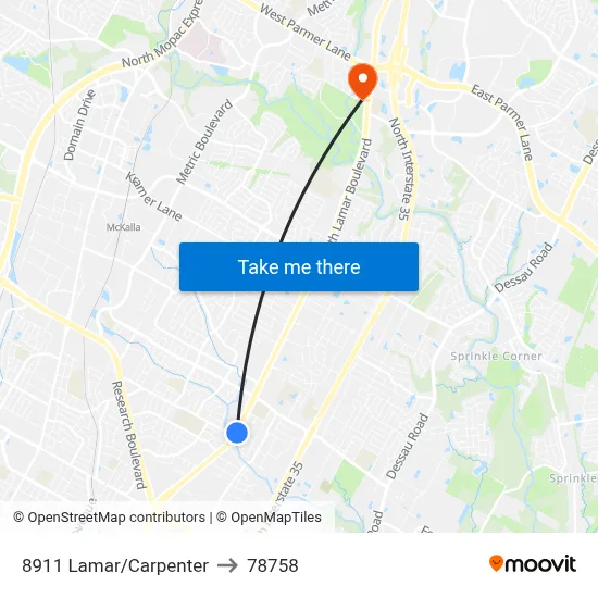 8911 Lamar/Carpenter to 78758 map