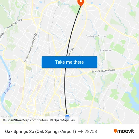 Oak Springs Sb (Oak Springs/Airport) to 78758 map