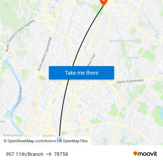 907 11th/Branch to 78758 map