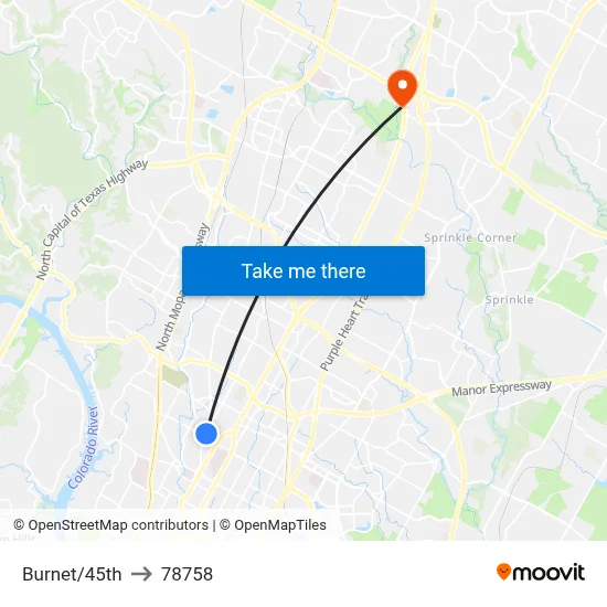 Burnet/45th to 78758 map