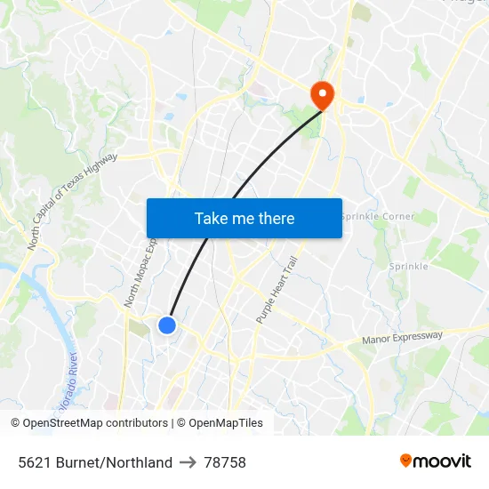 5621 Burnet/Northland to 78758 map