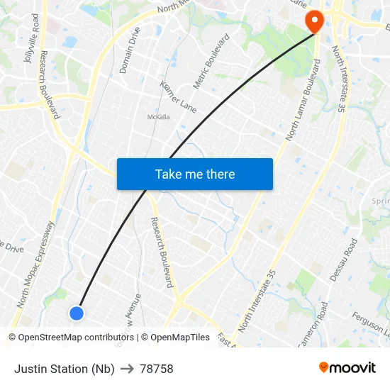 Justin Station (Nb) to 78758 map