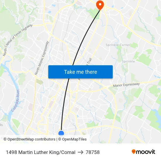 1498 Martin Luther King/Comal to 78758 map