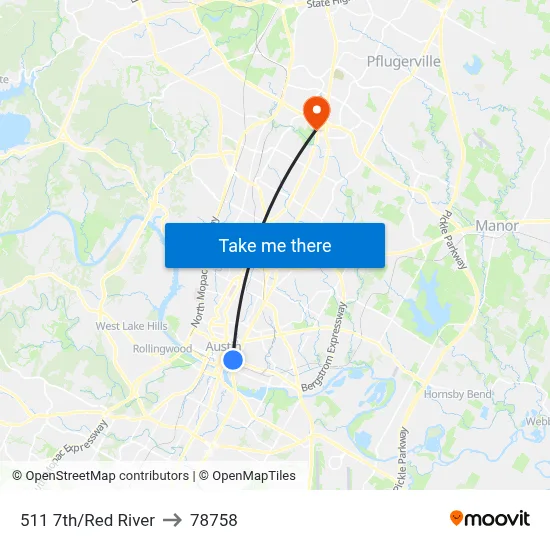 511 7th/Red River to 78758 map