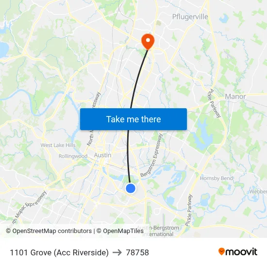 1101 Grove (Acc Riverside) to 78758 map