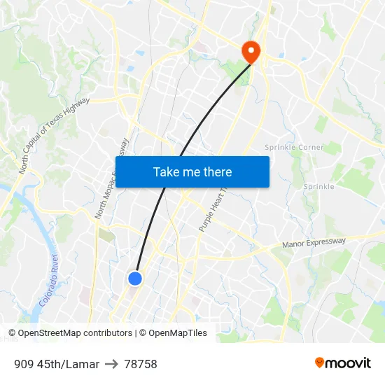909 45th/Lamar to 78758 map