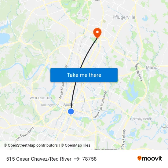 515 Cesar Chavez/Red River to 78758 map