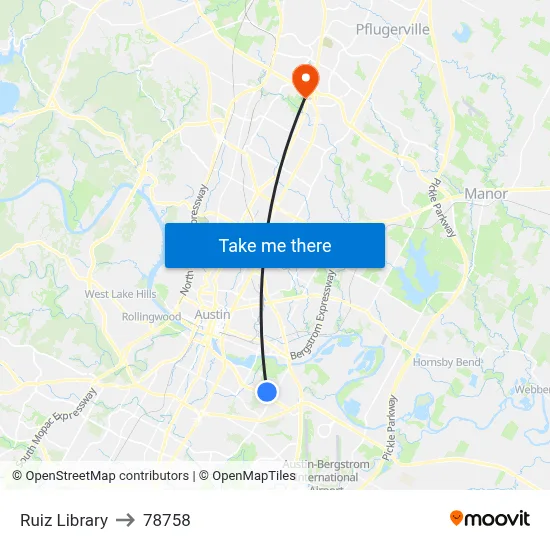 Ruiz Library to 78758 map