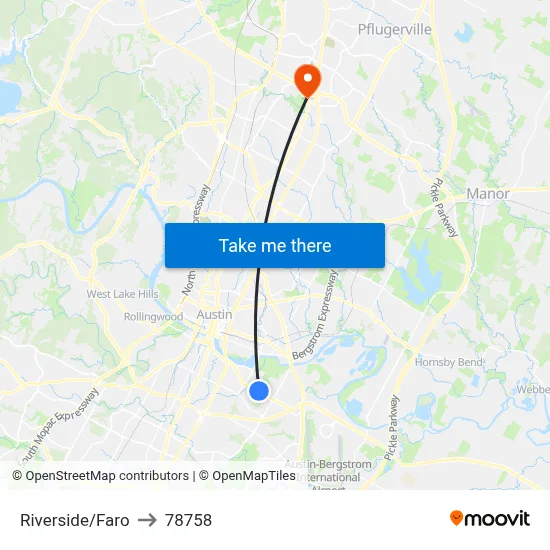 Riverside/Faro to 78758 map