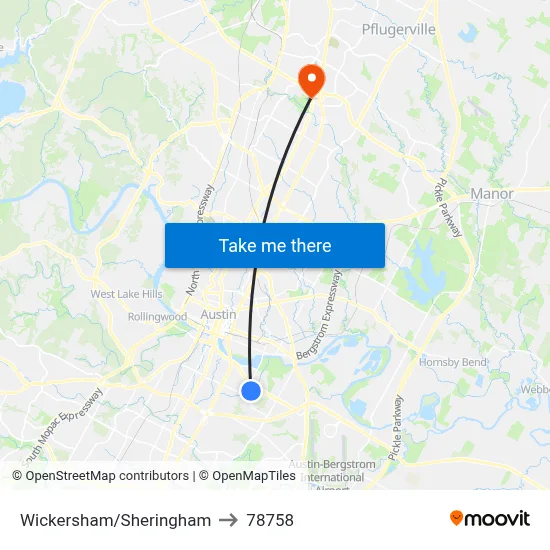 Wickersham/Sheringham to 78758 map