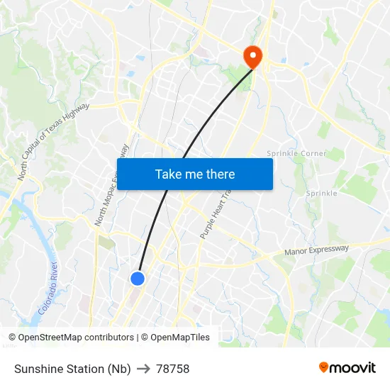 Sunshine Station (Nb) to 78758 map