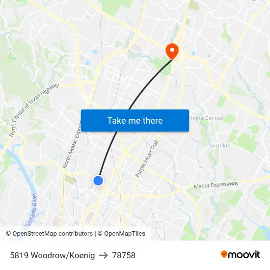 5819 Woodrow/Koenig to 78758 map