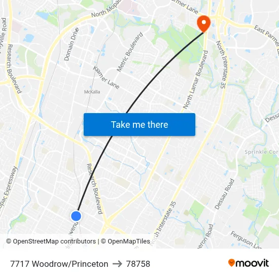 7717 Woodrow/Princeton to 78758 map