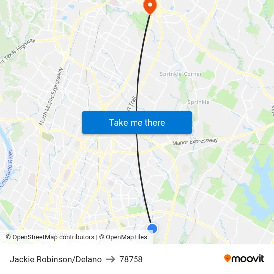 Jackie Robinson/Delano to 78758 map