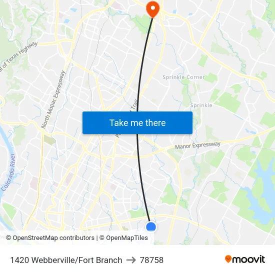 1420 Webberville/Fort Branch to 78758 map