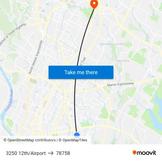 3250 12th/Airport to 78758 map