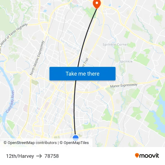 12th/Harvey to 78758 map