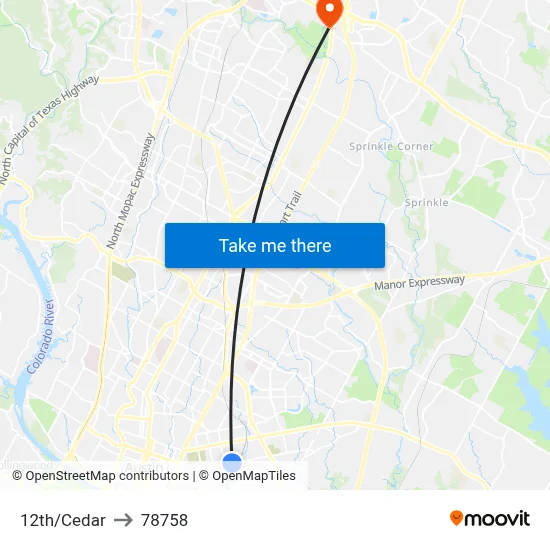 12th/Cedar to 78758 map