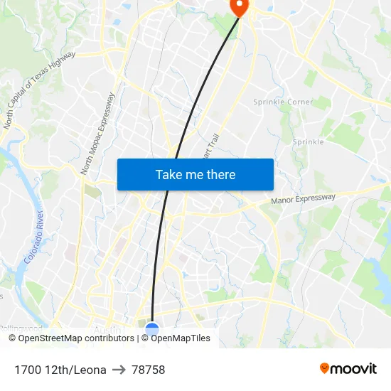 1700 12th/Leona to 78758 map