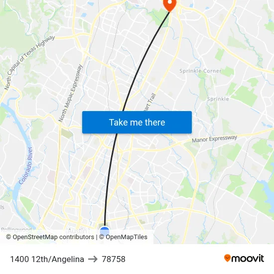 1400 12th/Angelina to 78758 map