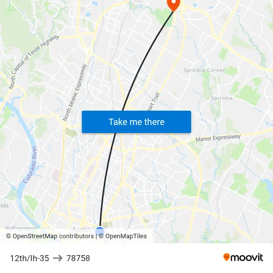 12th/Ih-35 to 78758 map