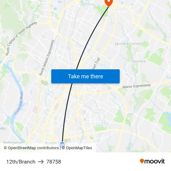 12th/Branch to 78758 map