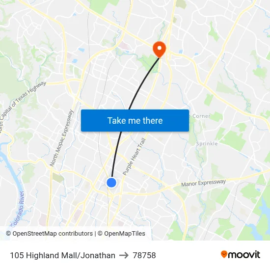 105 Highland Mall/Jonathan to 78758 map