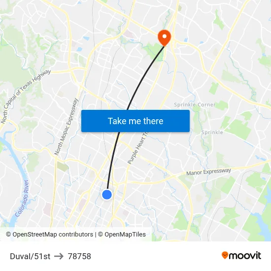 Duval/51st to 78758 map