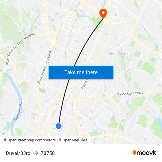 Duval/33rd to 78758 map