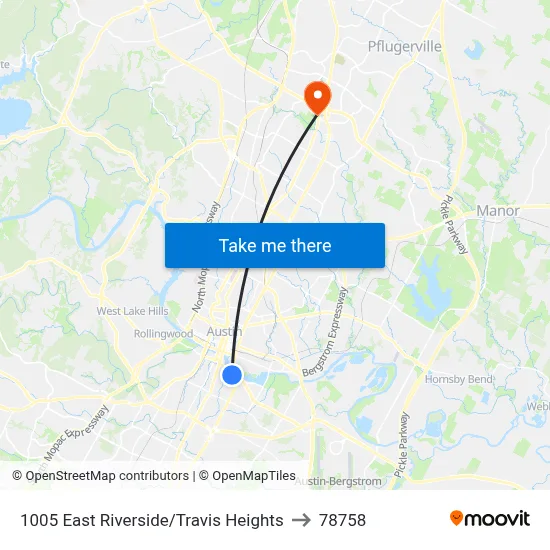 1005 East Riverside/Travis Heights to 78758 map