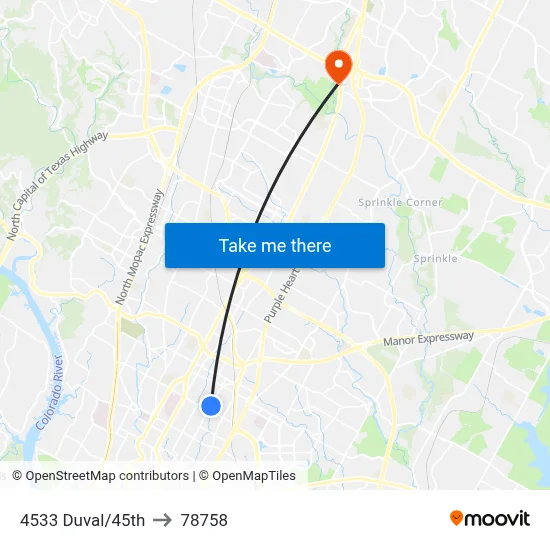 4533 Duval/45th to 78758 map