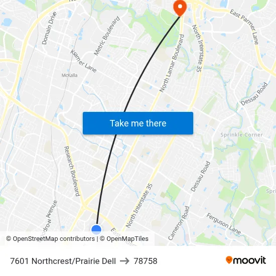 7601 Northcrest/Prairie Dell to 78758 map