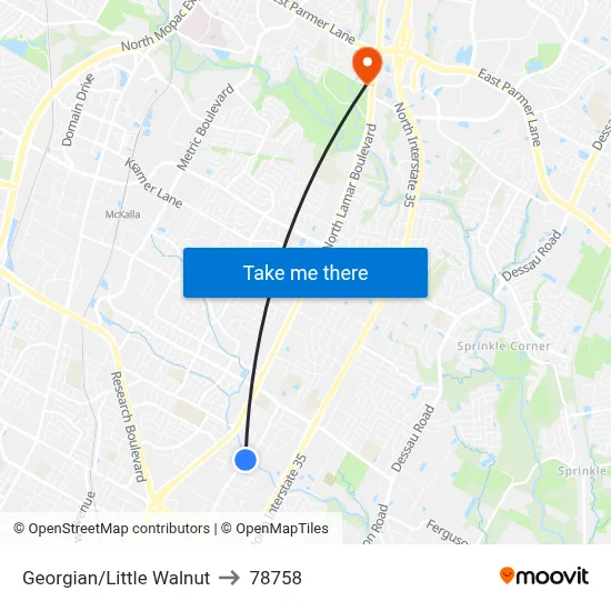 Georgian/Little Walnut to 78758 map