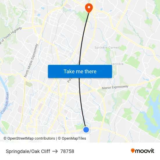 Springdale/Oak Cliff to 78758 map